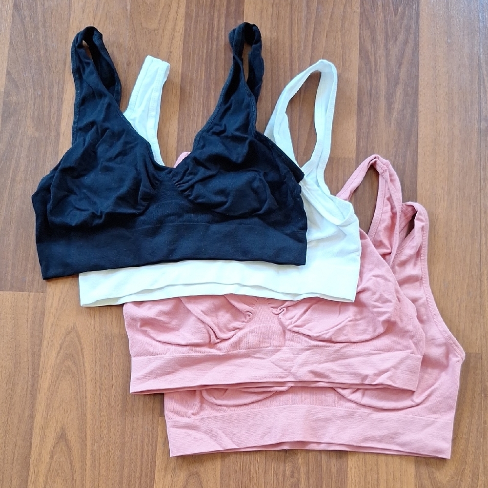 Set of Four Bralettes in Black, White, and Coral